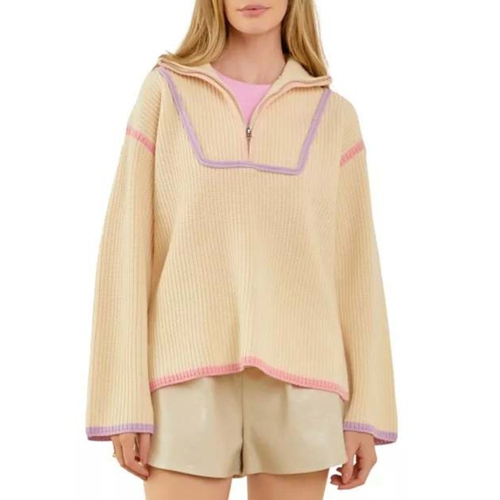 Coastal Rib Knit Quarter Zip Sweater L/XL Oatmeal Pink Minimalist Greige